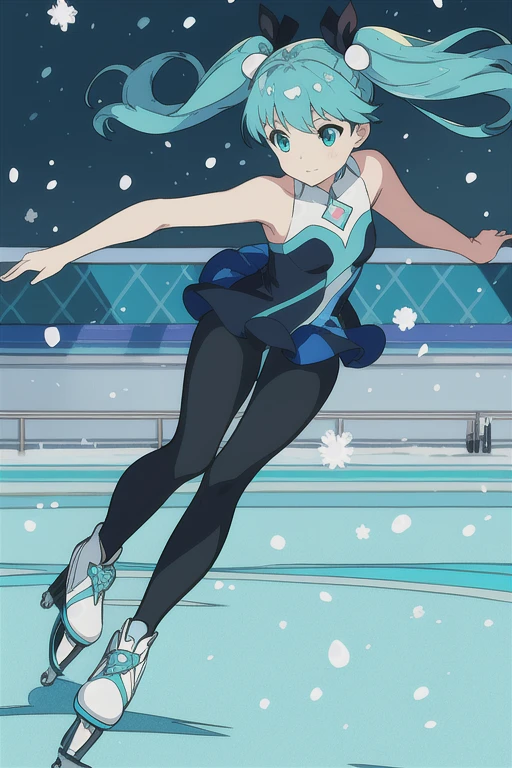 An anime picture, a perfect body, full body, snow background, a princess with twin tails (cyan color), hair ornament, light blue clothes, black leggings, ice skating shoes, and black leggings. ice skating
