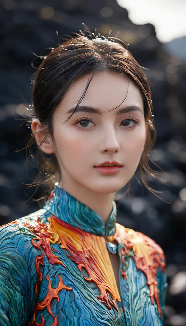 35mm Photography, White cropped top, beautiful earth filled with water and lava, Perfect eyes, Clear focus, 8k HD, Crazy details, complex, Caenorhabditis elegans, Atmospheric 4k Ultra Detail, Sensibility, Clear focus, masterpiece, color, Surreal, vivid colors, (Very detailed CG Unity 8k wallpaper), complex, High Detail, Clear focus, Practical, symmetry, Volumetric Lighting, beautiful, rich dark masterpiece, Dan Mumford (dan mumford) and Mark M.. Simonetti-style astrophotography