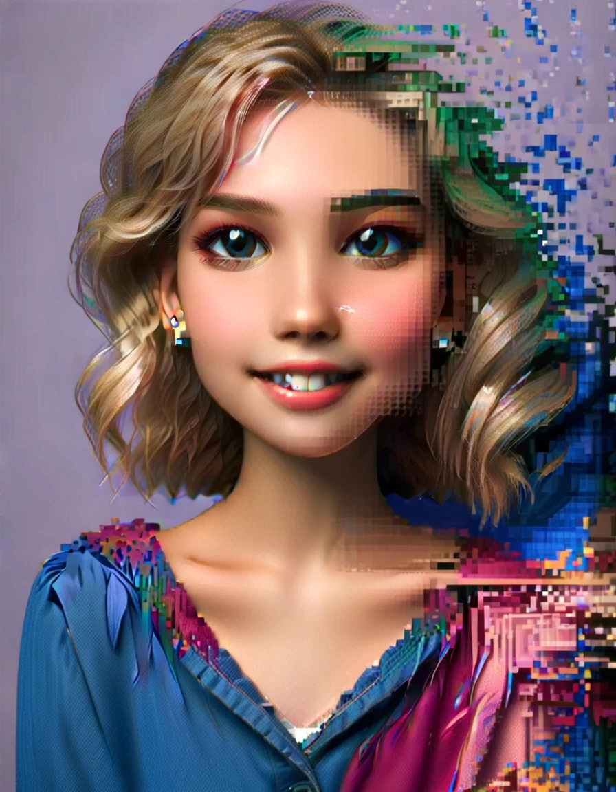 create a disney pixel style girl, blonde smiling with makeup in hand