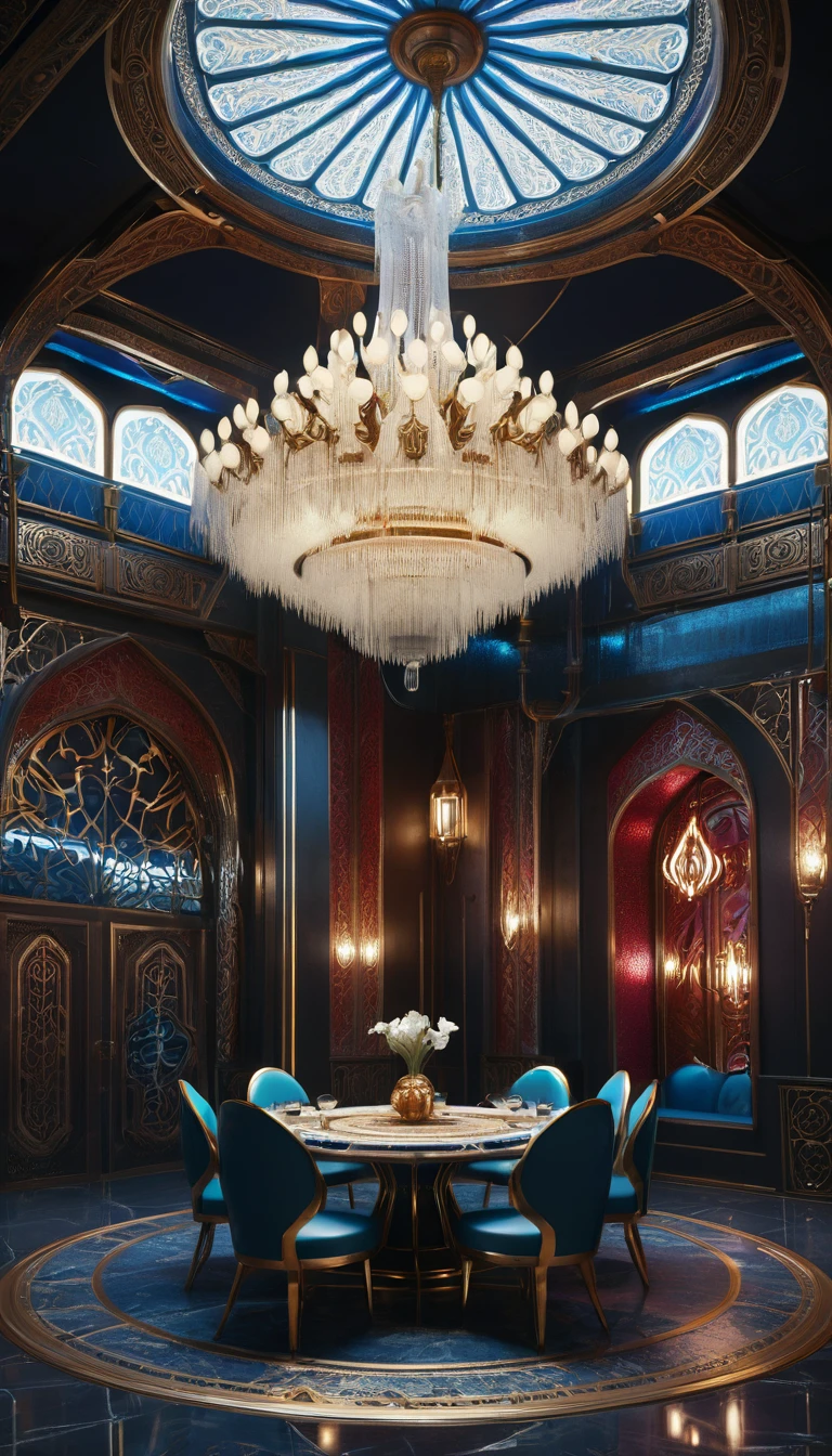 There is a restaurant,There is a table inside、Some chairs and a chandelier, CG Society 9, Futuristic persian palace, cgsociety Unreal Engine, redshift houdini, Futuristic. Game CG, Unreal Engine Cinema4D, ornate cyberpunk interior, Hyperrealistic symmetry 8k, Rene Lelick and Eddie Mendoza, Cinematic Unreal 5, Unreal Engine
