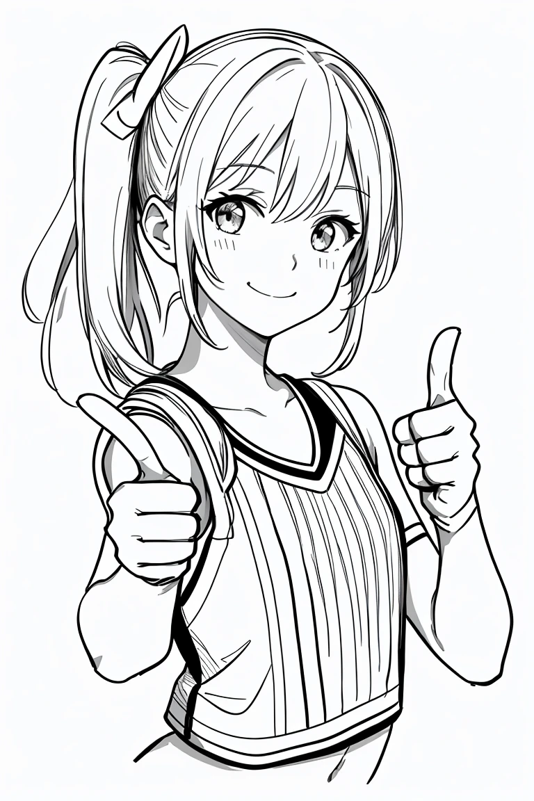 masterpiece,, One Girl, alone, short, White Background, Monochrome, Line art, ((sketch))、Look forward、Wearing a cheerleader outfit、smile、Thumbs up、Side Ponytail、Wink