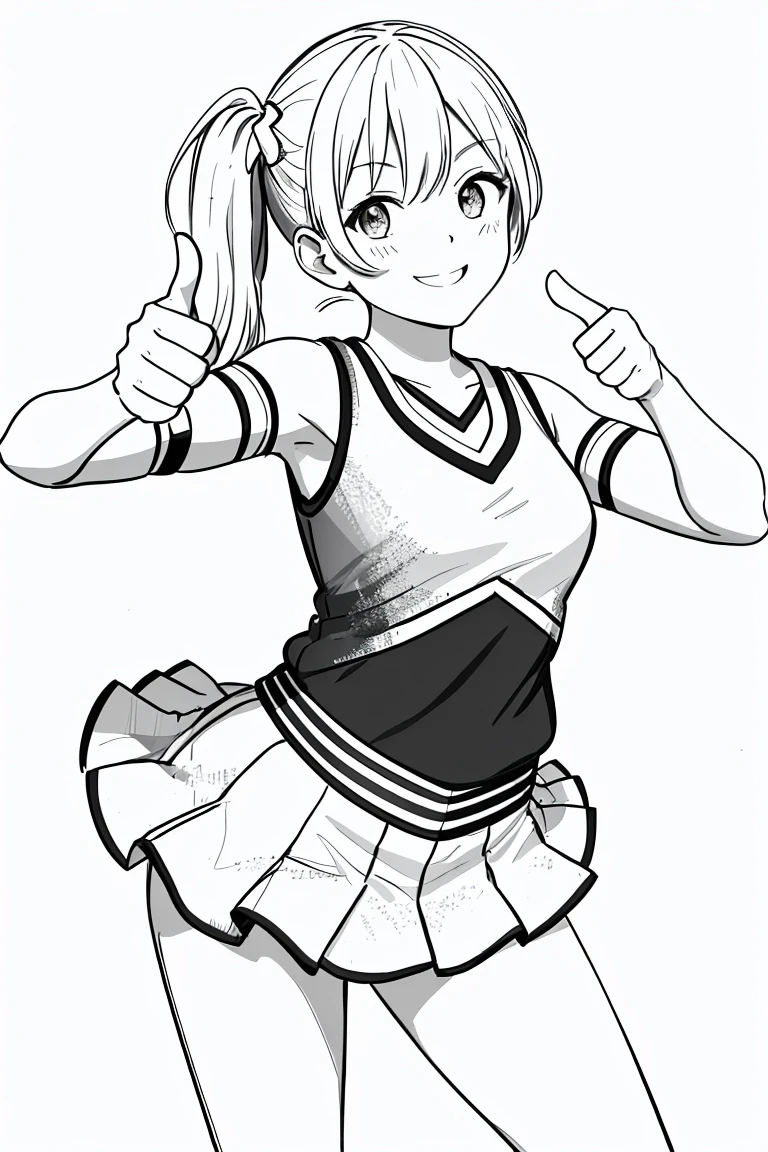 masterpiece,, One Girl, alone, short, White Background, Monochrome, Line art, ((sketch))、Look forward、Wearing a cheerleader outfit、smile、Thumbs up、Side Ponytail、Wink