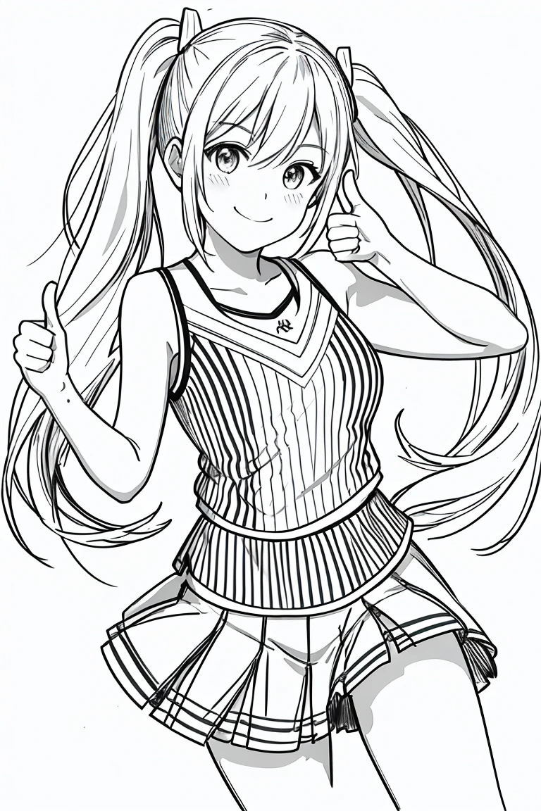 masterpiece,, One Girl, alone, short, White Background, Monochrome, Line art, ((sketch))、Look forward、Wearing a cheerleader outfit、smile、Thumbs up、Side Ponytail、Wink
