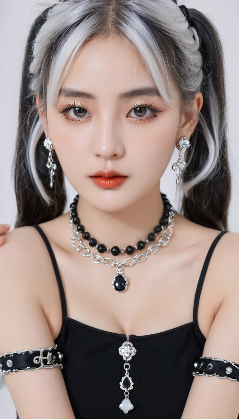 high quality, Rich in details, The silver-haired girl with twin ponytails poses cutely. They are wearing vintage gothic clothing, Wearing a bracelet, Earrings and necklaces. Big ones can also be seen. The photo is a close-up of the face, With cleavage, Shiny Breasts, Sweat in cleavage, And sexy breath.