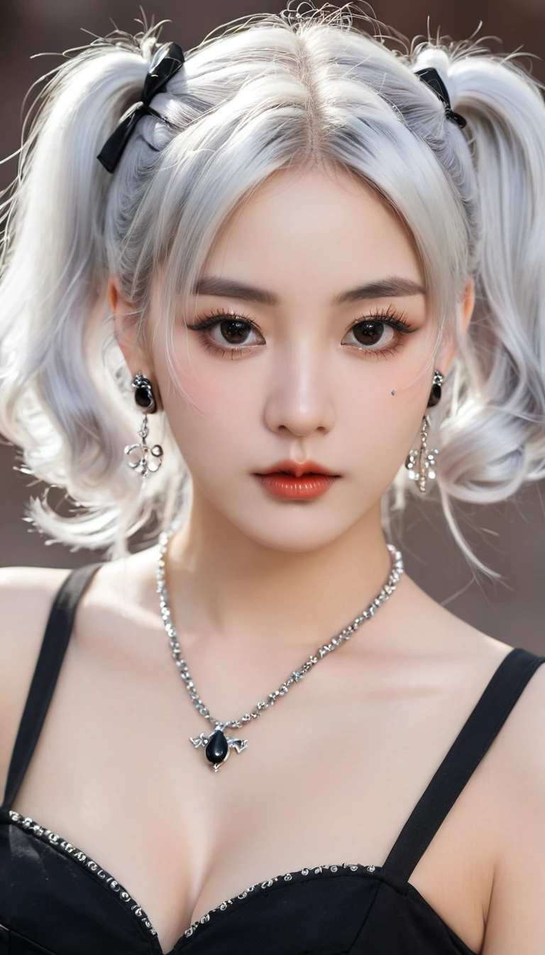 high quality, Rich in details, The silver-haired girl with twin ponytails poses cutely. They are wearing vintage gothic clothing, Wearing a bracelet, Earrings and necklaces. Big ones can also be seen. The photo is a close-up of the face, With cleavage, Shiny Breasts, Sweat in cleavage, And sexy breath.