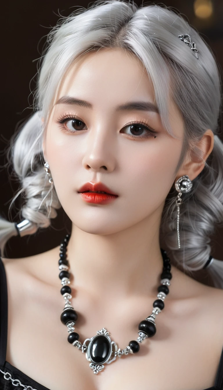 high quality, Rich in details, The silver-haired girl with twin ponytails poses cutely. They are wearing vintage gothic clothing, Wearing a bracelet, Earrings and necklaces. Big ones can also be seen. The photo is a close-up of the face, With cleavage, Shiny Breasts, Sweat in cleavage, And sexy breath.