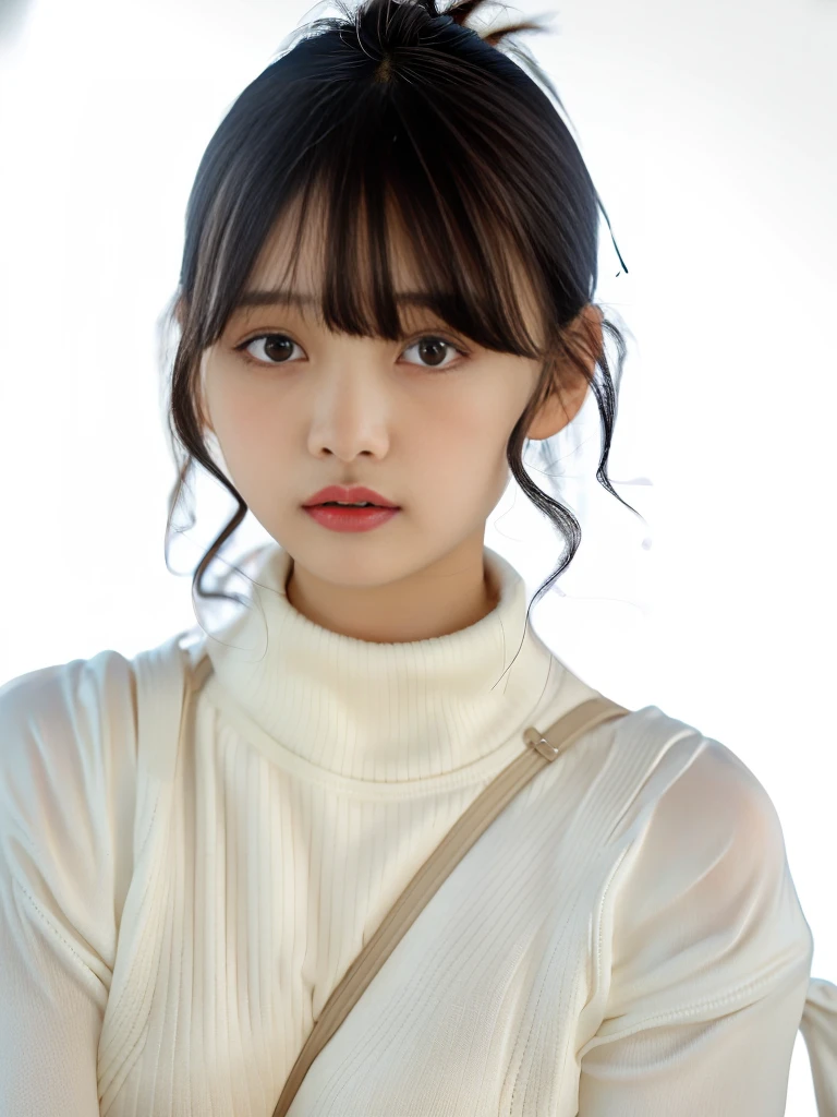 Selfie、Close-up of a woman wearing a white sweater, neat hair With bangs, short detailed hair, Baiji haircut hairstyle, short detailed hair With bangs, south east asian with round face, Cute and delicate face of girl, With bangs, Korean girls, Young cute asian face, Korean symmetrical face, middle parted bangs, Avatar profile picture，the background is clean