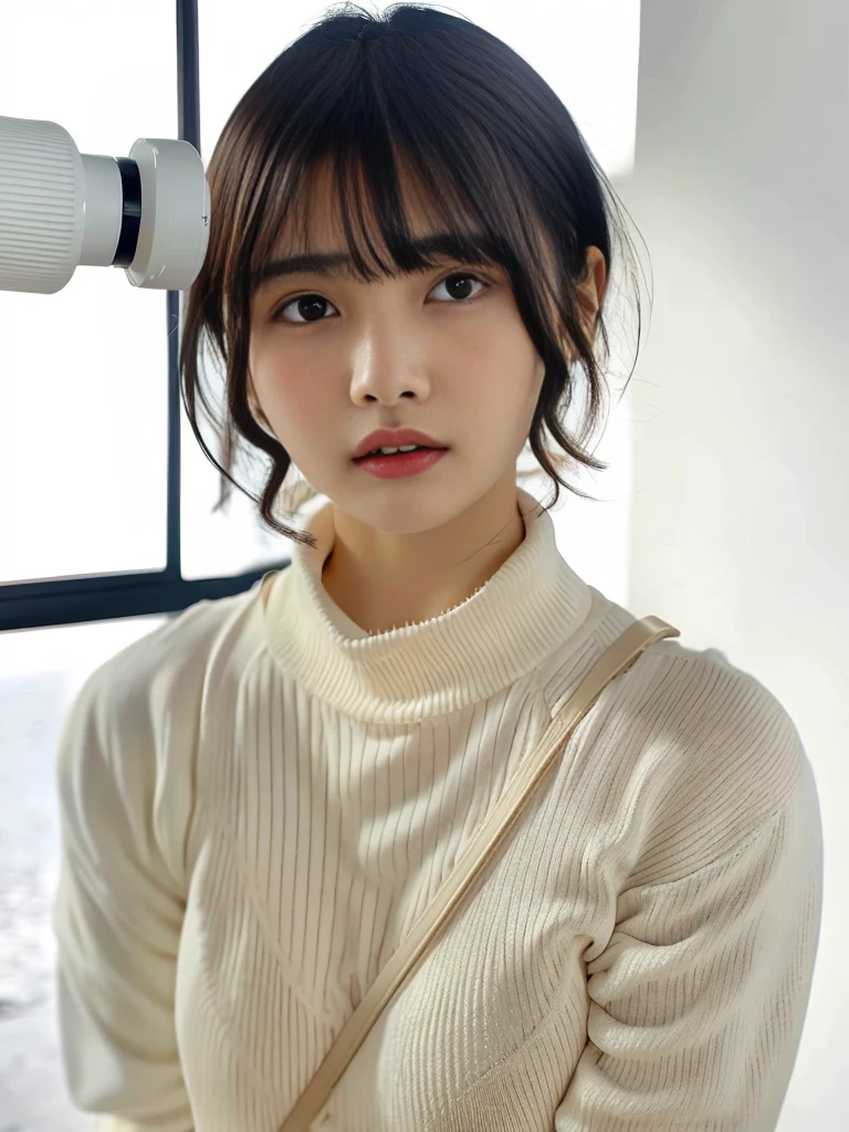 Selfie、Close-up of a woman wearing a white sweater, neat hair With bangs, short detailed hair, Baiji haircut hairstyle, short detailed hair With bangs, south east asian with round face, Cute and delicate face of girl, With bangs, Korean girls, Young cute asian face, Korean symmetrical face, middle parted bangs, Avatar profile picture,the background is clean