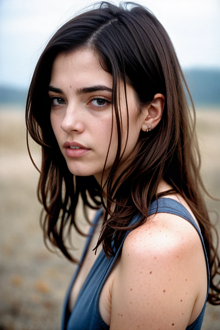 Realistic photography, Stunning brunette woman with freckles, Portra 400 film photo, analog inspiration