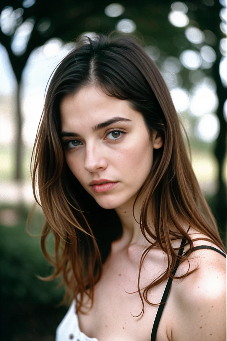 Realistic photography, Stunning brunette woman with freckles, Portra 400 film photo, analog inspiration