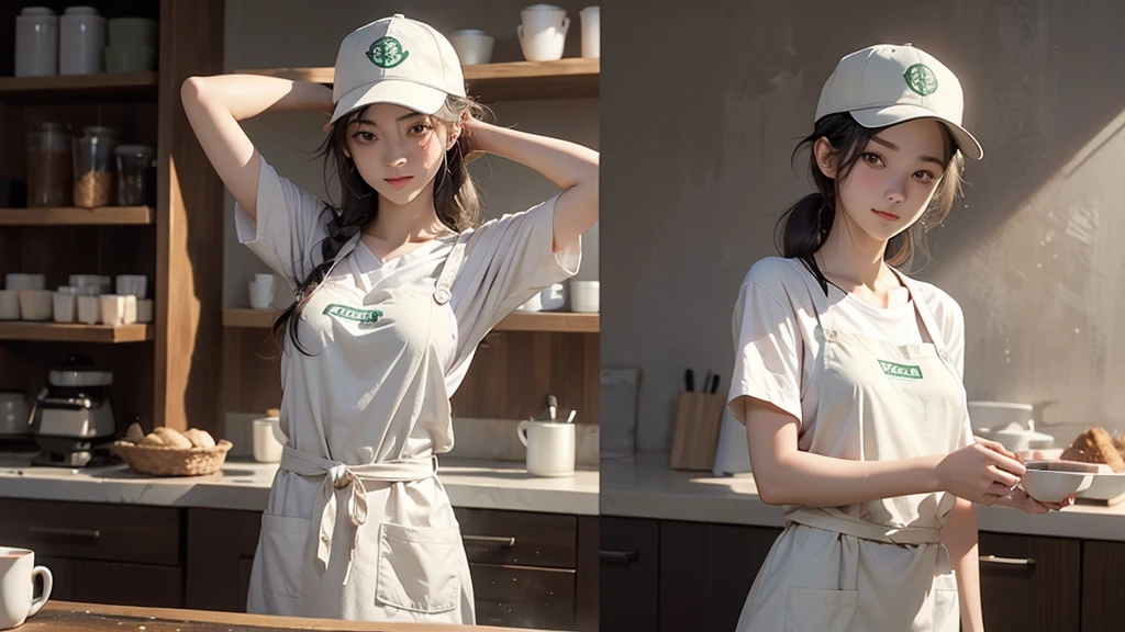 A girl in a Starbucks uniform is making coffee，Wearing a baseball cap on his head，Clothes and skin are soaked，（Wet clothes：1.8），Reflex muscles，Sweaty skin，high quality、masterpiece、Super Resolution、Upper body naked、Naked Apron、Wearing an apron、Full Body Lesbian、