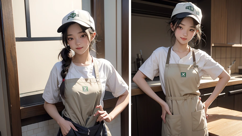 A girl in a Starbucks uniform is making coffee,Wearing a baseball cap on his head,Clothes and skin are soaked,(Wet clothes:1.8),Reflex muscles,Sweaty skin,high quality、masterpiece、Super Resolution、Upper body naked、Naked Apron、Wearing an apron、Full Body Lesbian、