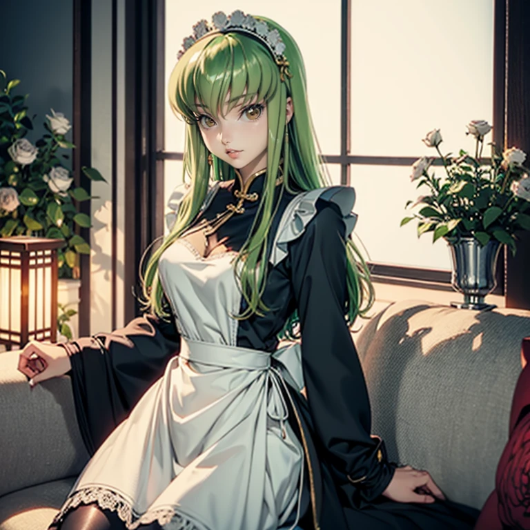 C.C_(code geass), 1girl, white roses, ornament hair, roses on her hair, maid, maid dress, maid headdress, maid apron, green hair, long hair, seat on a sofa, chinese home style, Chinese maid dress, gold lantern, navy dress, more details on her clothes, golden details, night, smiling, coat, chinese architecture, solo, alone