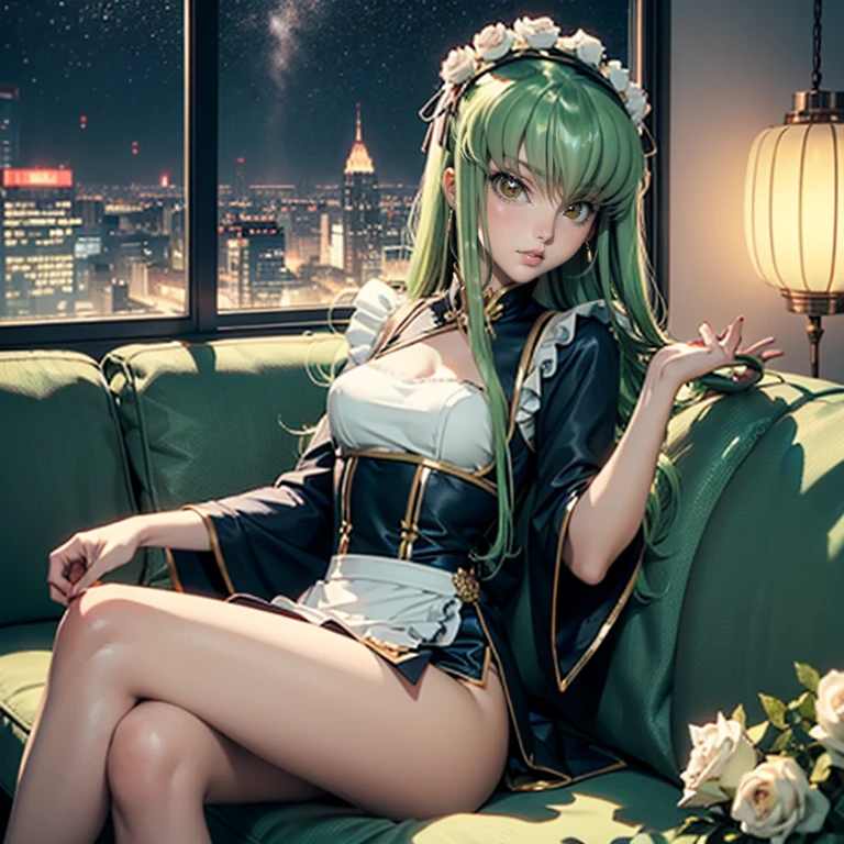 C.C_(code geass), 1girl, white roses, ornament hair, roses on her hair, maid, maid dress, maid headdress, maid apron, green hair, long hair, seat on a sofa, chinese home style, Chinese maid dress, gold lantern, navy dress, more details on her clothes, golden details, night, smiling, coat, chinese architecture, solo, alone