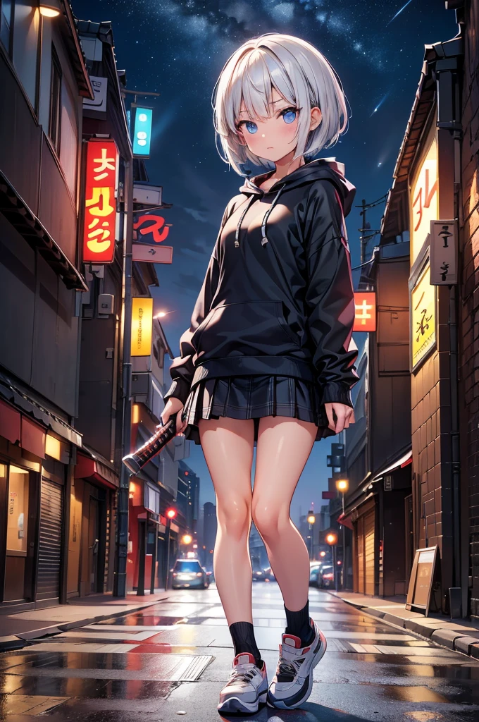 (masterpiece), (best quality), (ultra detailed), (high res 8K), 1 girl, late teenage, standing, contrappost, full body, low angle, hoody, mini-skirt,((katana)), short hair, silver hair, serious, looking away, cityscape in Tokyo, night, rim lighting, high contrast, professional lighting, stunning face, symmetrical clear eyes, detailed eyes and face,(near future)