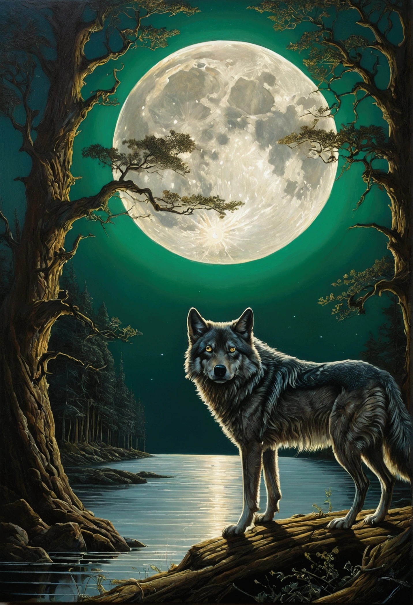 art by aaron horkey, , , ultra highly detailed, 32k, sharp focus, luminism, detailed oil painting, moon, detailed sky, dark wolf with big highly detailed, by Anato Finnstark . detailed landscape, northern tales aesthetic, dynamic movement, big reflective eyes, forest,glowing, swirling leaves, emerald fog, mystical, complex background, dynamic lighting, lights, intricated pose, highly detailed filigree, intricated, baroque, Hudson river school, Thomas Cole, masterpiece