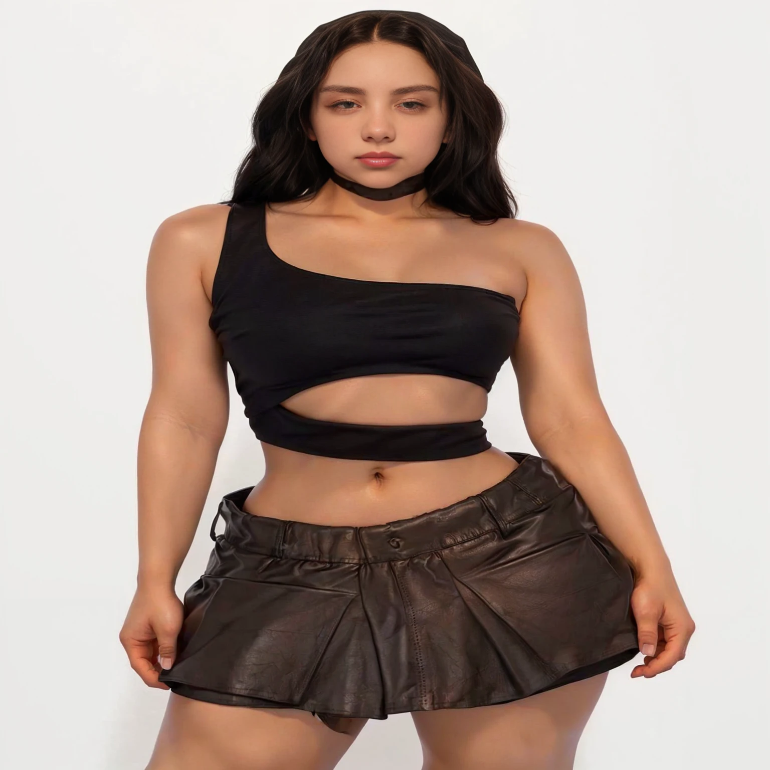 a woman in a black cap and brown leather shorts, vistiendo un crop top sexy, wearing a short black t-shirt, wearing a black cropped tank top, pull apart, with short torn t-shirt, crop top, CropTop, streetwear bra and shorts, wearing crop top, she is wearing a black tank top, black cap, wearing a crop top