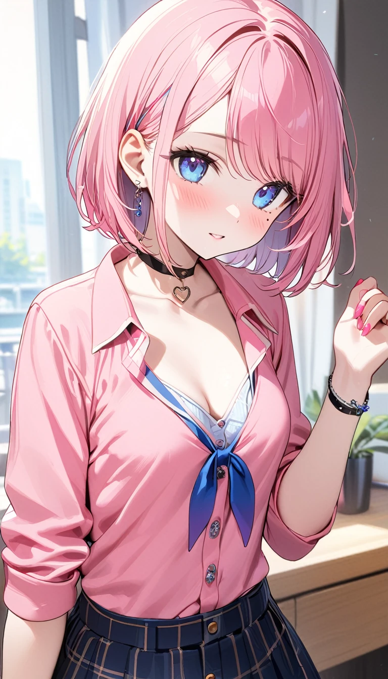 (1 girl),(Best Picture Quality, 8K, Masterpiece:1.3), (16years:1.5), ((pink lob hair:1.1)), (bob cut),(swept bangs), (cute eyes, pupil black, iris skyblue, youthful face), (mole under right eye), (standard weight), (small breasts), (glistening skin:1.1),(pale skin:1.2), ((Gyaru fashion:1.3)),
