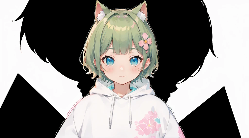Blonde Hair、Pink hoodie、大きなFlower Hair Ornaments、An unprecedented number of draws、Flower Hair Ornaments、Floral Hair Accessories、Blonde、Cat ear、Pink hoodie、high quality、Colorful color palette、high resolution、pretty girl、 Pink hoodie、An unprecedented number of draws、Anime Style、Geometric background、Sticker Style、short hair、Blonde、Turquoise Eyes, Messy Hair, Pink hoodie、髪と同じ色のCat ear、front, Hands posing, Until death, Bondage, Baggy clothes