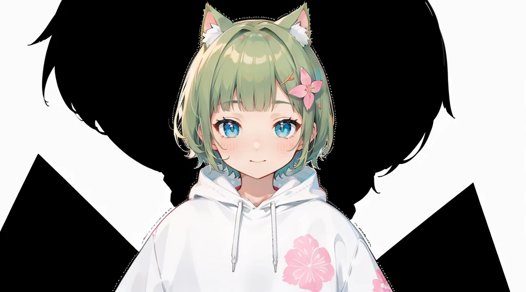 Blonde Hair、Pink hoodie、大きなFlower Hair Ornaments、An unprecedented number of draws、Flower Hair Ornaments、Floral Hair Accessories、Blonde、Cat ear、Pink hoodie、high quality、Colorful color palette、high resolution、pretty girl、 Pink hoodie、An unprecedented number of draws、Anime Style、Geometric background、Sticker Style、short hair、Blonde、Turquoise Eyes, Messy Hair, Pink hoodie、髪と同じ色のCat ear、front, Hands posing, Until death, Bondage, Baggy clothes