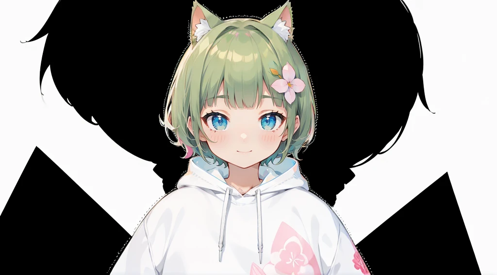 Blonde Hair、Pink hoodie、大きなFlower Hair Ornaments、An unprecedented number of draws、Flower Hair Ornaments、Floral Hair Accessories、Blonde、Cat ear、Pink hoodie、high quality、Colorful color palette、high resolution、pretty girl、 Pink hoodie、An unprecedented number of draws、Anime Style、Geometric background、Sticker Style、short hair、Blonde、Turquoise Eyes, Messy Hair, Pink hoodie、髪と同じ色のCat ear、front, Hands posing, Until death, Bondage, Baggy clothes