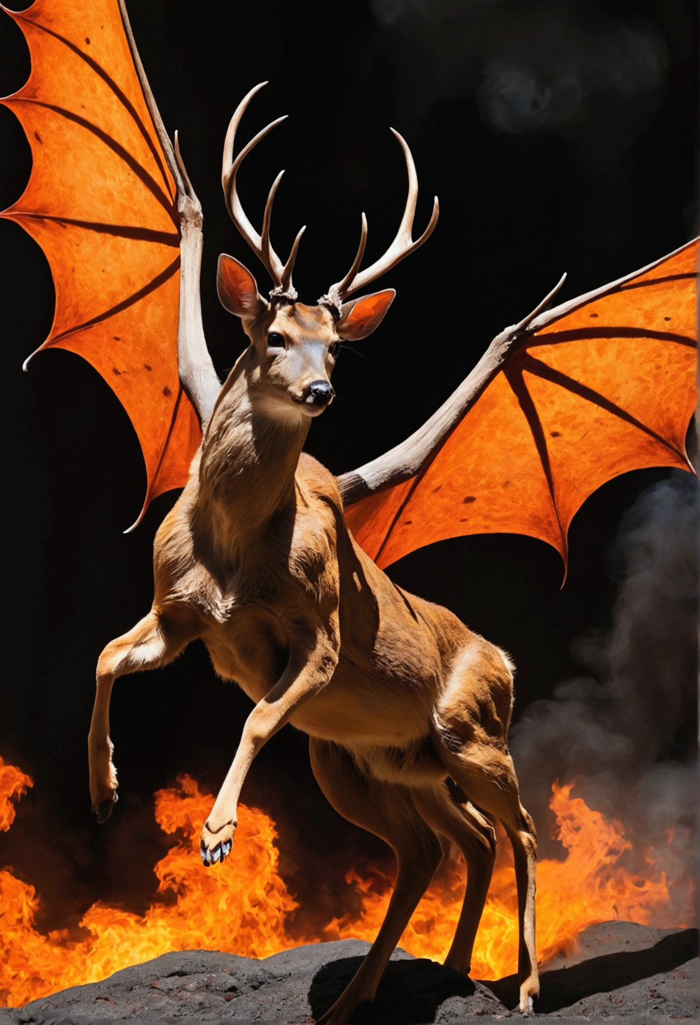 ((deer))、(Bat Wings、Walking on two legs and leaning forward、Fire from the tail、Kangaroo paw)、Background hell