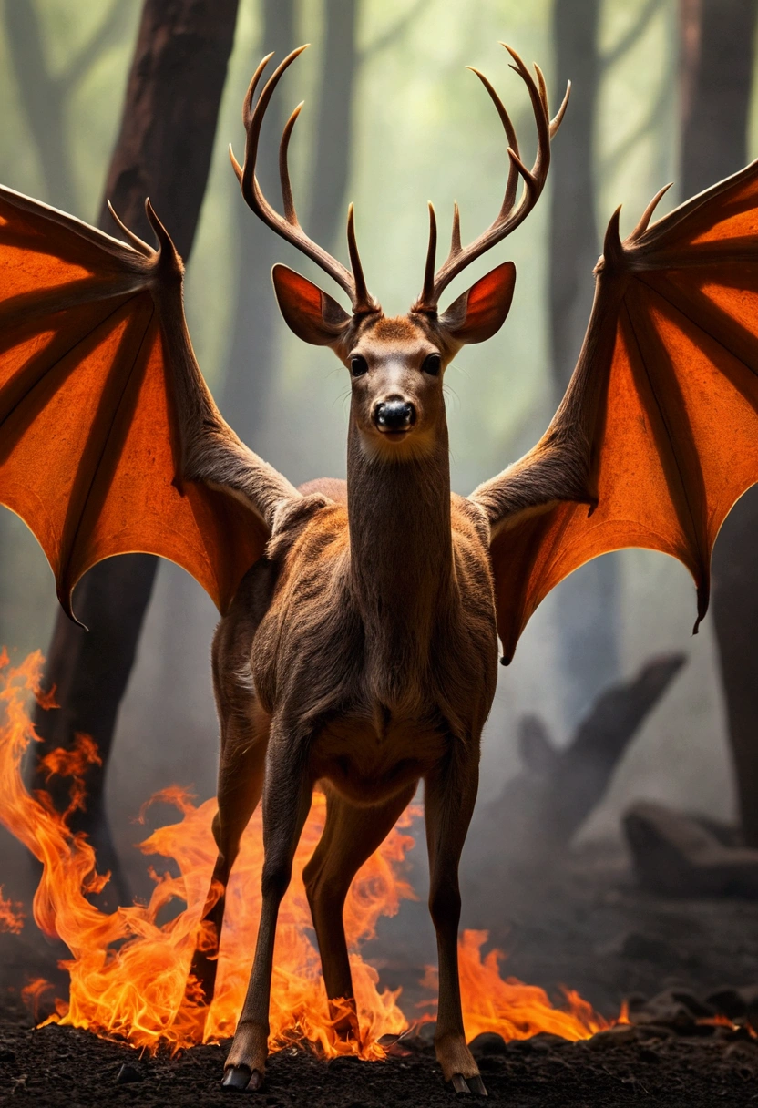 ((deer))、(Bat Wings、Walking on two legs and leaning forward、Fire from the tail、Kangaroo paw)、Background hell