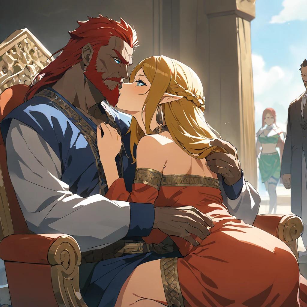 ((Highest quality)), ((masterpiece)), (detailed), （Perfect Face）、The woman is Queen Zelda of the Gerudo tribe, blonde with blue eyes.、The man is a dignified, middle-aged man with a beard, strong red hair and dark skin, King Ganondorf, the king of the Gerudo tribe, and is wearing the traditional Gerudo costume.、A man and woman are embracing and kissing on the luxurious throne of the Gerudo royal family.、A queen and a king in love、The woman is wearing the traditional Gerudo costume.