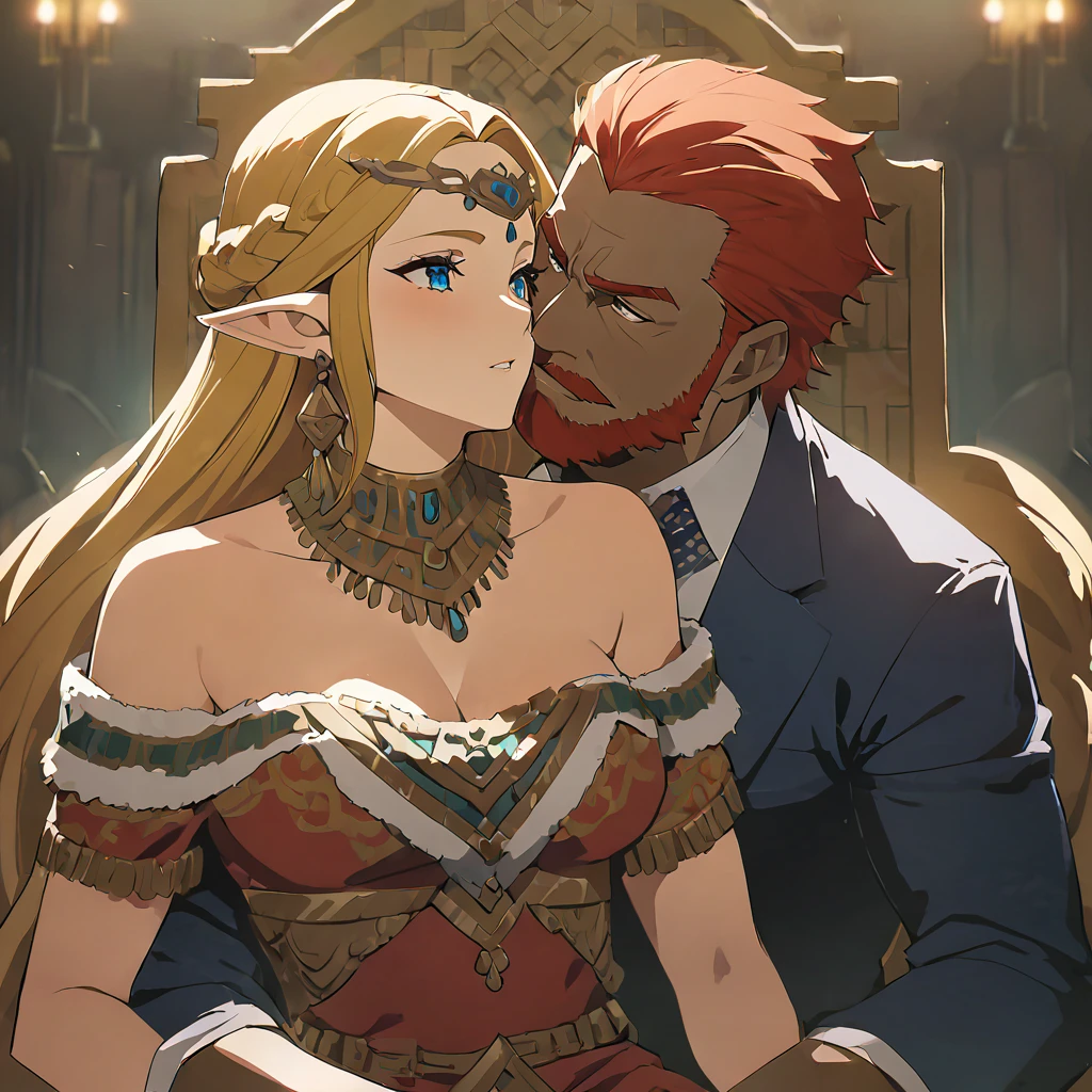 ((Highest quality)), ((masterpiece)), (detailed), (Perfect Face)、The woman is Queen Zelda of the Gerudo tribe, blonde with blue eyes.、The man is a dignified, middle-aged man with a beard, strong red hair and dark skin, King Ganondorf, the king of the Gerudo tribe, and is wearing the traditional Gerudo costume.、A man and woman are embracing and kissing on the luxurious throne of the Gerudo royal family.、A queen and a king in love、The woman is wearing the traditional Gerudo costume.