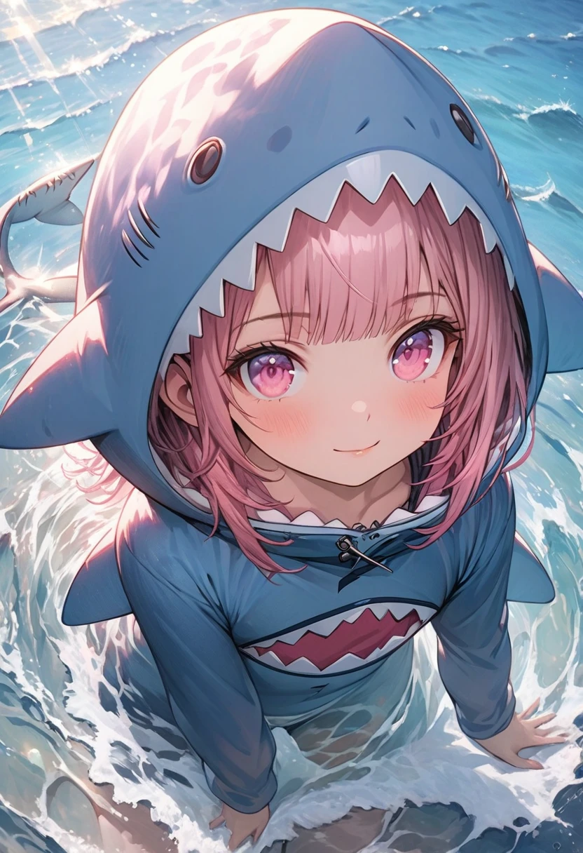 masterpiece, Highest quality, Highly detailed CG Unity 8k wallpaper, Illustration of a cute girl in a shark costume. Playing in the sea. Sunlight reflecting off the sea, Produce a variety of colors. The background is a realistic representation,Wearing a hood,Pink long bob hair,Bangs,Align bangs,Pink Eyes,