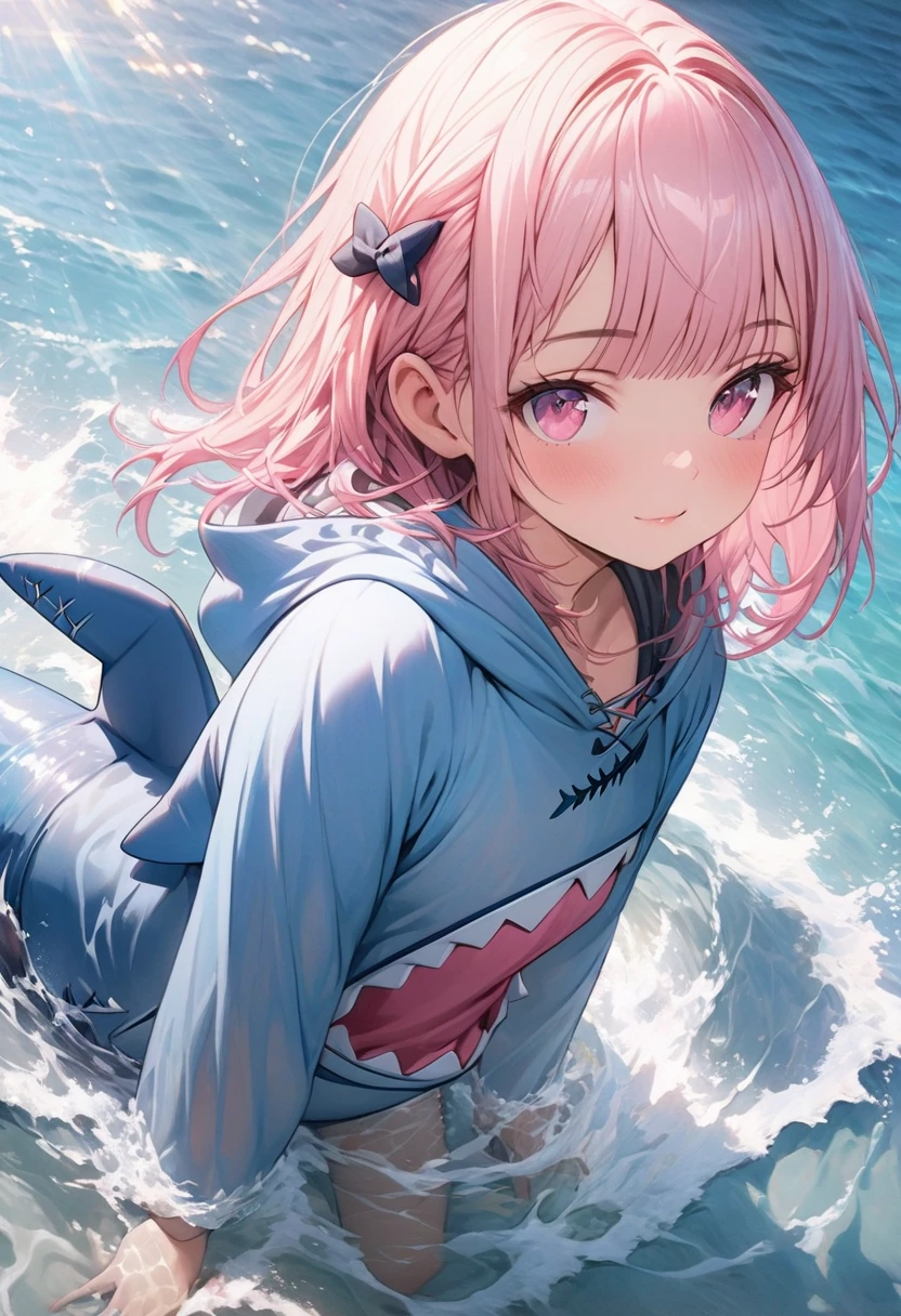masterpiece, Highest quality, Highly detailed CG Unity 8k wallpaper, Illustration of a cute girl in a shark costume. Playing in the sea. Sunlight reflecting off the sea, Produce a variety of colors. The background is a realistic representation,Wearing a hood,Pink long bob hair,Bangs,Align bangs,Pink Eyes,