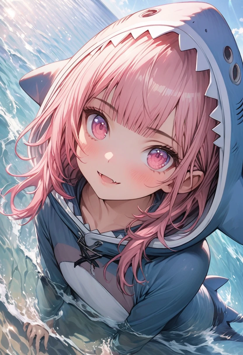 masterpiece, Highest quality, Highly detailed CG Unity 8k wallpaper, Illustration of a cute girl in a shark costume. Playing in the sea. Sunlight reflecting off the sea, Produce a variety of colors. The background is a realistic representation,Wearing a hood,Pink long bob hair,Bangs,Align bangs,Pink Eyes,