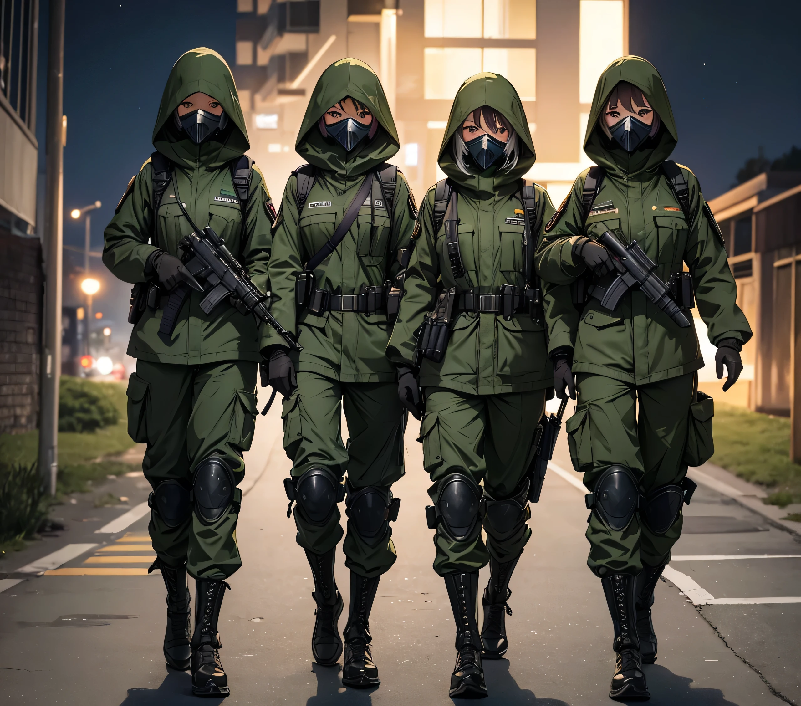 Three female soldiers patrolling side by side at night、Wearing dark green M-51 hooded military uniform、Hooded on head、Gas Mask、Magazine Pouch、Gloves、Military Pants、Knee pads,Show only the upper thigh area、Write details、masterpiece、best quality、Highly detailed CG、8K picture quality