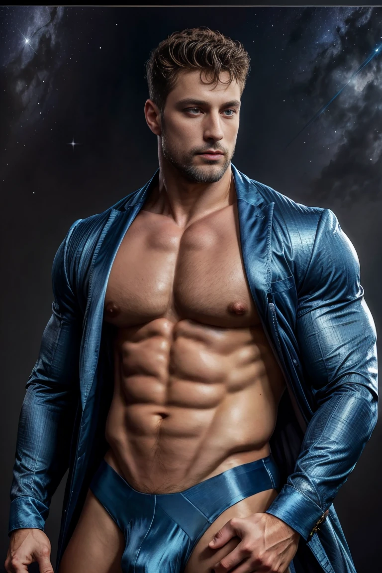filmposter,wide angles,A Handsome charming European male star。aged 40,Sexy beard,blue colored eyes,The body of a bodybuilder,Muscular very developed,sexy muscular body,muscular attractive man,muscle men,handsome,small heads,Handsome,Short brown curly hair,Dark brown tight velvet suit,minimalistic background,Clean composition,intense detail,pastel colour,Hasselblad - original style(8K,tmasterpiece,Best quality,A high resolution,ultra - detailed),natta,starrysky,extreme light,themoon,looking at viewert,Front view,
