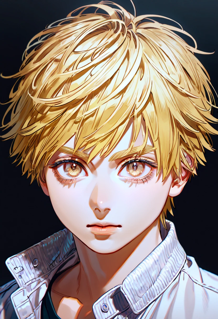 a mesmerizing portrait of denji, a boy with blonde and messy yellow hair, light brown eyes, masterpiece, highly detailed, sharp focus, 8k, studio lighting, vibrant colors