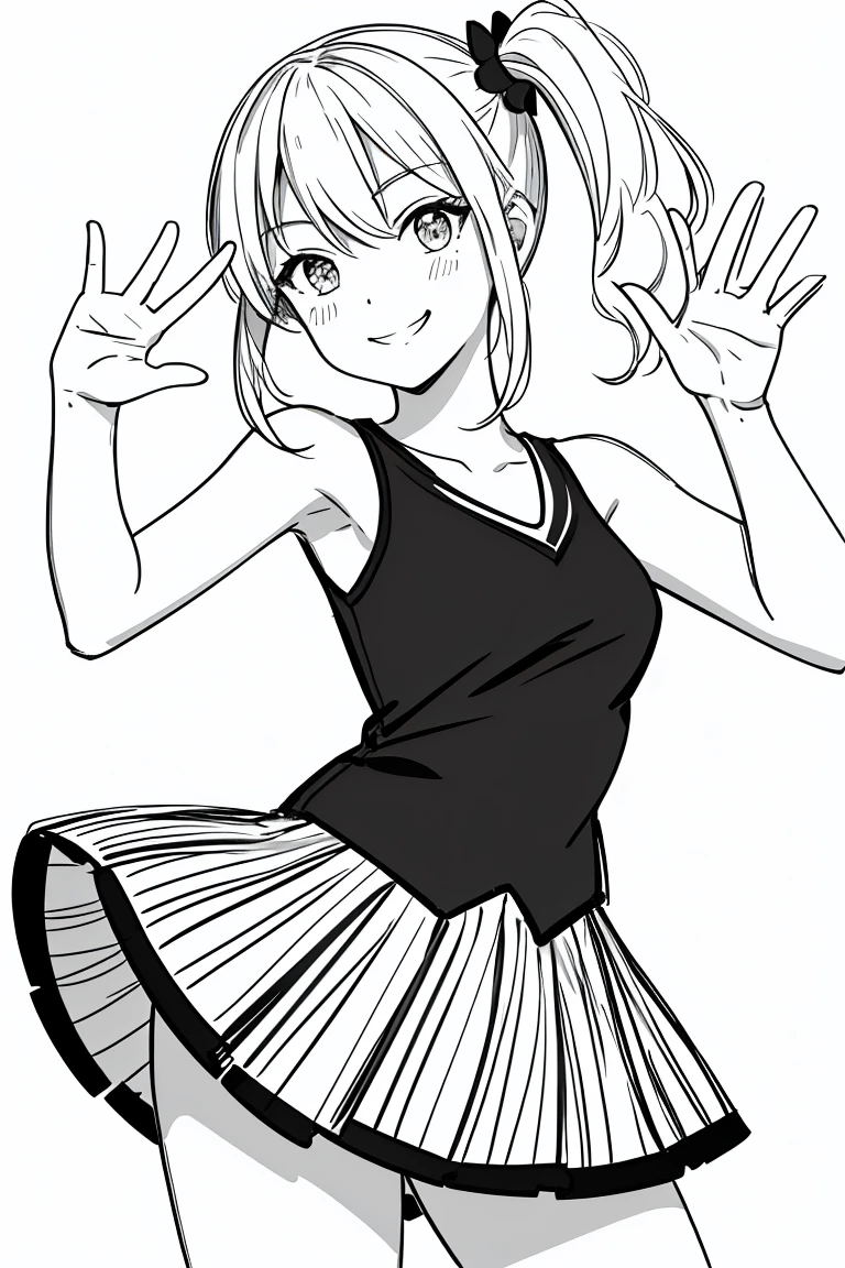 masterpiece,, One Girl, alone, short, White Background, Monochrome, Line art, ((sketch))、Look forward、Wearing a cheerleader outfit、smile、Waving、Side Ponytail、Winking