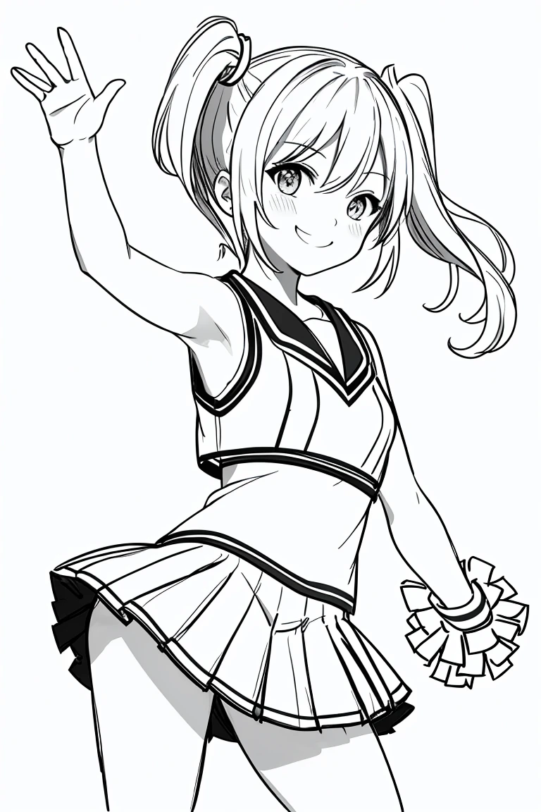 masterpiece,, One Girl, alone, short, White Background, Monochrome, Line art, ((sketch))、Look forward、Wearing a cheerleader outfit、smile、Waving、Side Ponytail、Winking