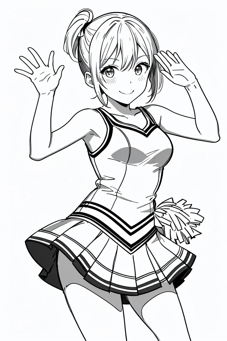 masterpiece,, One Girl, alone, short, White Background, Monochrome, Line art, ((sketch))、Look forward、Wearing a cheerleader outfit、smile、Waving、Side Ponytail、Winking