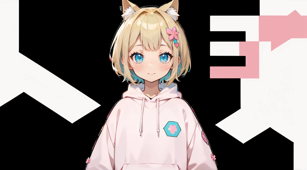 Blonde Hair、Pink hoodie、大きなFlower Hair Ornaments、An unprecedented number of draws、Flower Hair Ornaments、Floral Hair Accessories、Blonde、Cat ear、Pink hoodie、high quality、Colorful color palette、high resolution、pretty girl、 Pink hoodie、An unprecedented number of draws、Anime Style、Geometric background、Sticker Style、short hair、Blonde、Turquoise Eyes, Messy Hair, Pink hoodie、髪と同じ色のCat ear、front, Hands posing, Until death, Bondage, Baggy clothes