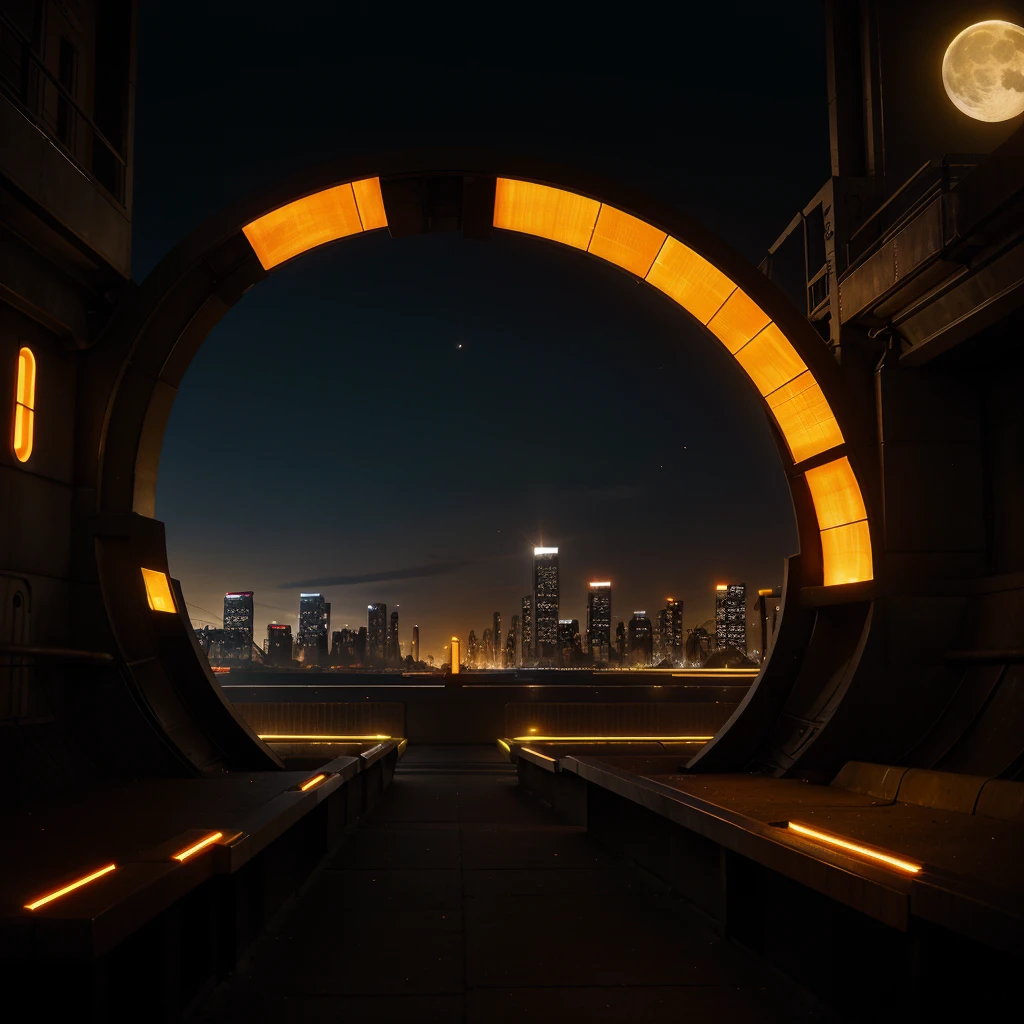 generates the photograph of a futuristic city , with yellow lighting, orange and warm on a full moon evening