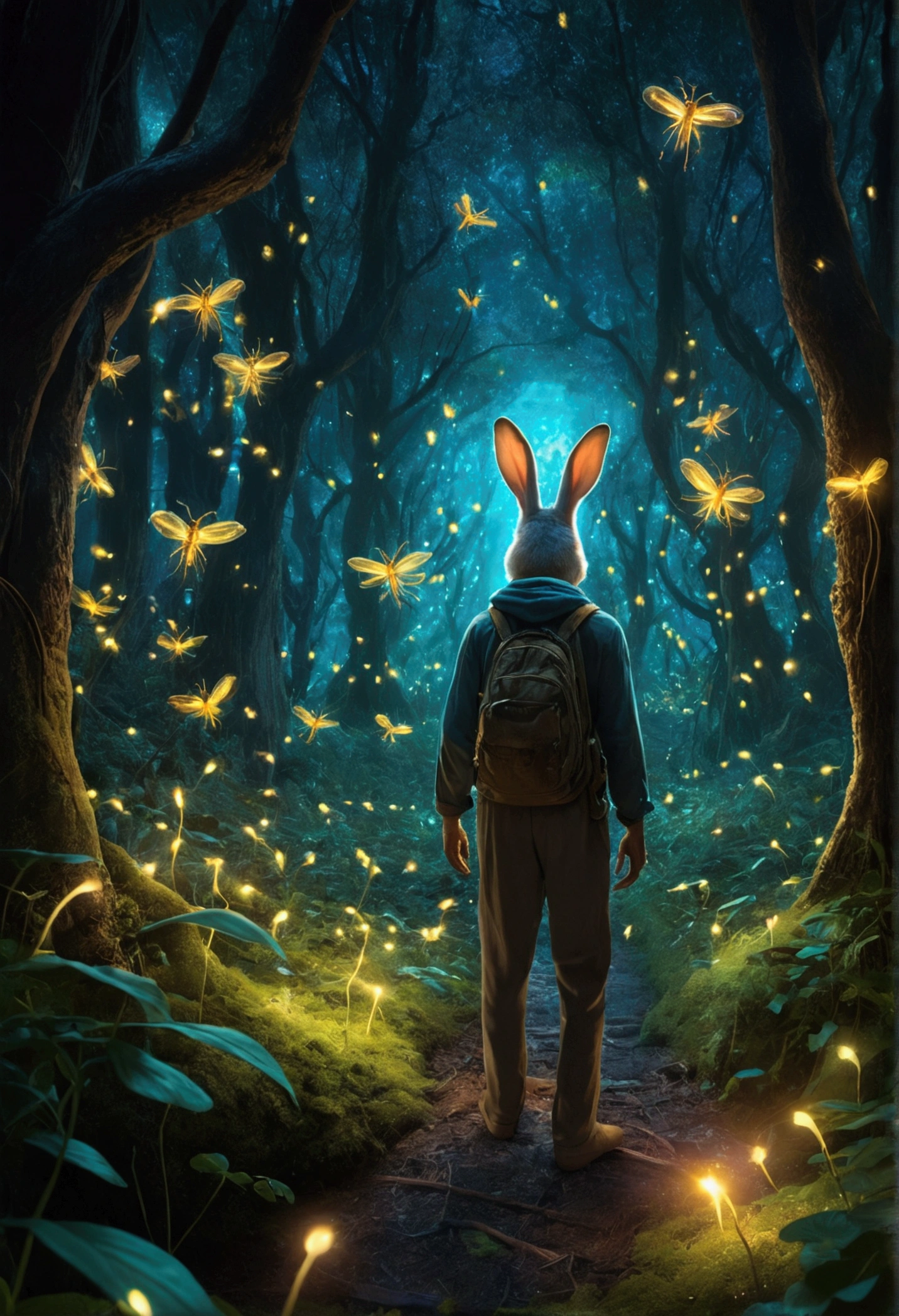 Hundreds of luminescent fireflies surrounding a human-rabbit creature in an enchanted forest