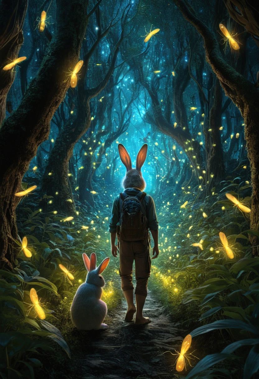 Hundreds of luminescent fireflies surrounding a human-rabbit creature in an enchanted forest