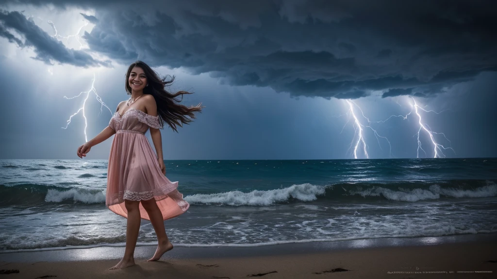 Vintage Photo colours, Masterpiece, Karen Anne Carpenter, high resolution, perfect body, dress, casual dress, night, storm cloudy windy with lightning, ocean, sky, black_hair, long_Hair, bracelet, wandering, small breast, jewelry, Smiling, looking_in_viewer, blushing, outdoor, Hair_flower, Masterpiece, Best Quality, Floating,(high saturation),(colorful splashes),colorful bubble, (shining), best lighting, best shadow,