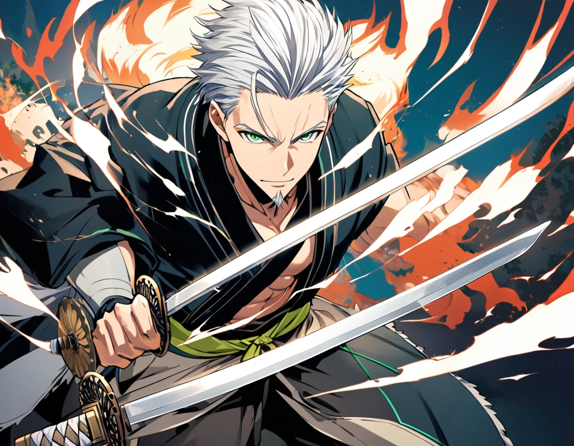1 young boy, male focus, details Intricate, 1 men, bonitas, White hair, vibrant green eyes, slim muscles, アニメ, 19yearsold, 19 years, a small goatee, kimono de Shinigami, Shinigami, bleach style, bleach, regatta, kimono, bleach, bleach style(black clothing colors, kimono black), katana ( a medium sharp katana) , katana media, Aura(uma Aura branca ao redor do personagem), Aura de energia, Attacks, Attacks com katana (fazendo golpes com sua espada poderosa fazendo a Aura se elevar) cutoffs, cutoffs de espada.