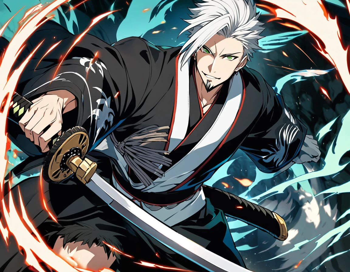 1 young boy, male focus, details Intricate, 1 men, bonitas, White hair, vibrant green eyes, slim muscles, アニメ, 19yearsold, 19 years, a small goatee, kimono de Shinigami, Shinigami, bleach style, bleach, regatta, kimono, bleach, bleach style(black clothing colors, kimono black), katana ( a medium sharp katana) , katana media, Aura(uma Aura branca ao redor do personagem), Aura de energia, Attacks, Attacks com katana (fazendo golpes com sua espada poderosa fazendo a Aura se elevar) cutoffs, cutoffs de espada.