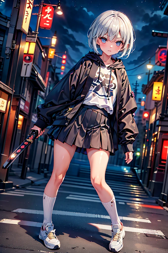 (masterpiece), (best quality), (ultra detailed), (high res 8K), 1 girl, late teenage, standing, contrappost, full body, low angle, hoody, mini-skirt,((katana)), short hair, silver hair, serious, looking away, cityscape in Tokyo, night, rim lighting, high contrast, professional lighting, stunning face, symmetrical clear eyes, detailed eyes and face,(near future)