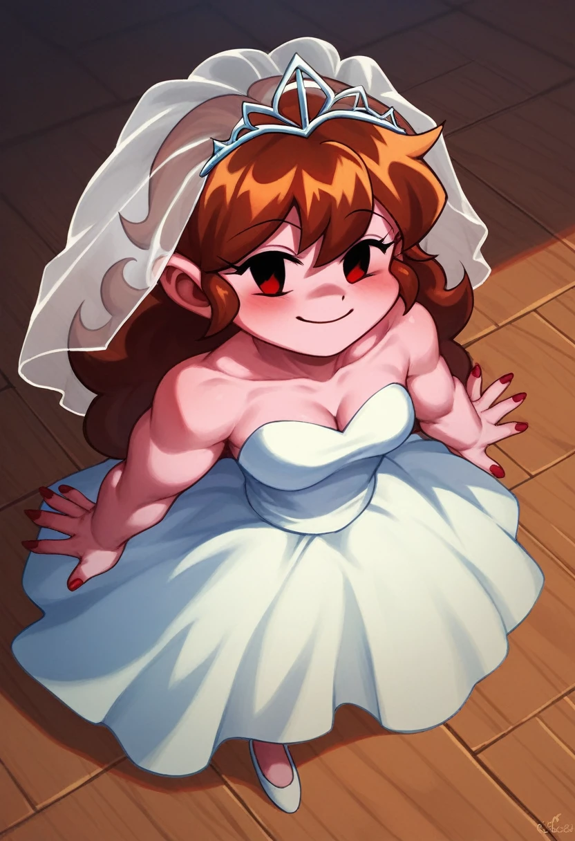 score_9, score_8_above, score_7_above, Alone, 1 girl, bride \(Friday night funkin&#39;\), SMILE, looking at the viewer, sitting on the speakers, crossed legs, Red dress, sleeveless dress, short dress, bare shoulders, red shoes, high heels, black eyes , big breasts, NSFW