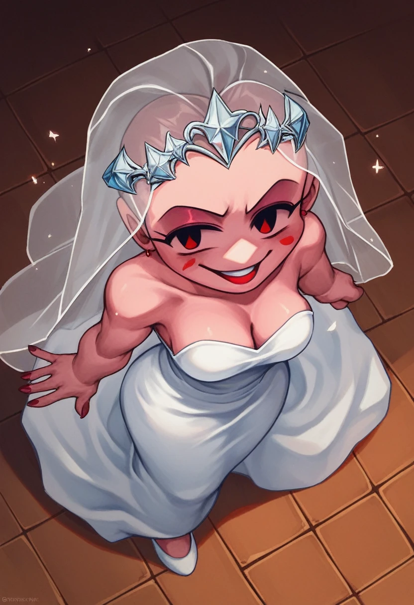 score_9, score_8_above, score_7_above, Alone, 1 girl, bride \(Friday night funkin'\), SMILE, looking at the viewer, sitting on the speakers, crossed legs, Red dress, sleeveless dress, short dress, bare shoulders, red shoes, high heels, black eyes , big breasts, NSFW