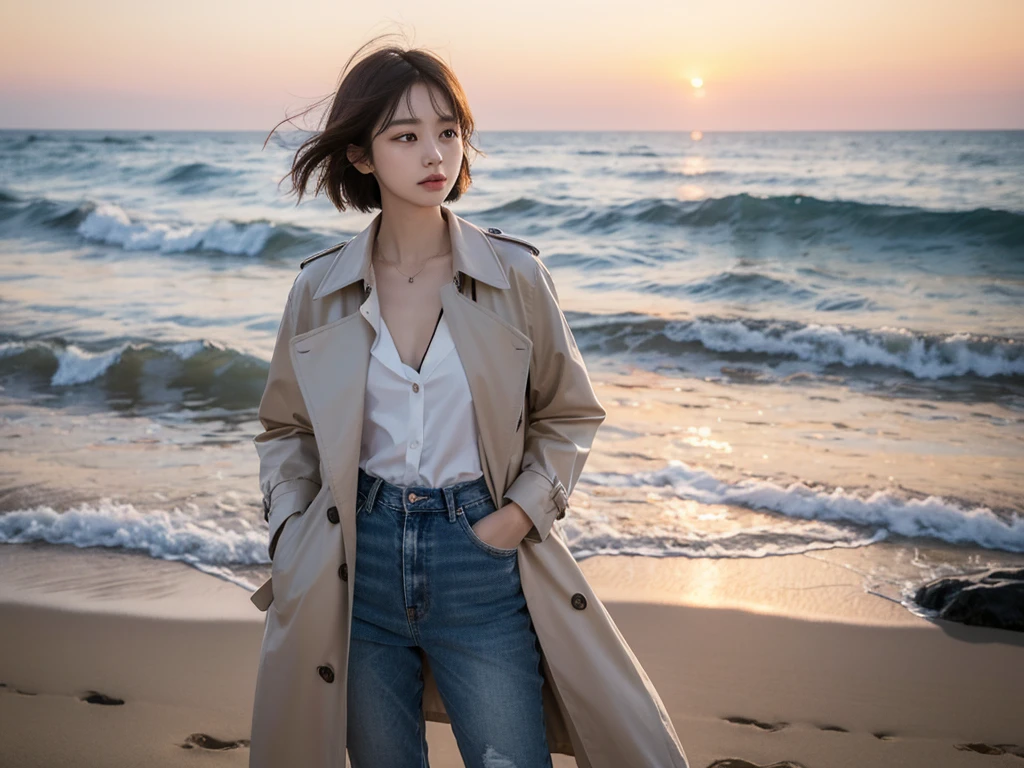 8K, Vivid picture quality, The picture quality is vivid., Realistic and perfect picture quality, long deserted beach, sunset 뷰어, short hair that touches the shoulders and covers the neck, sunset의 붉은 빛, sunset, alone, afternoon, depressed, birds가 밀려온다, ocean, birds, wind, short korean girl, thick shirt, jeans, light trench coat, 잔잔한 birds