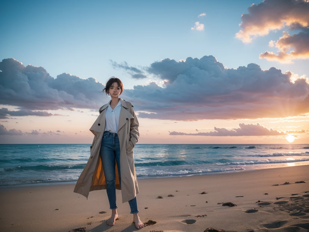 8K, Vivid picture quality, The picture quality is vivid., Realistic and perfect picture quality, long deserted beach, sunset 뷰어, short hair that touches the shoulders and covers the neck, sunset의 붉은 빛, sunset, alone, afternoon, depressed, birds가 밀려온다, ocean, birds, wind, short korean girl, thick shirt, jeans, light trench coat, 잔잔한 birds